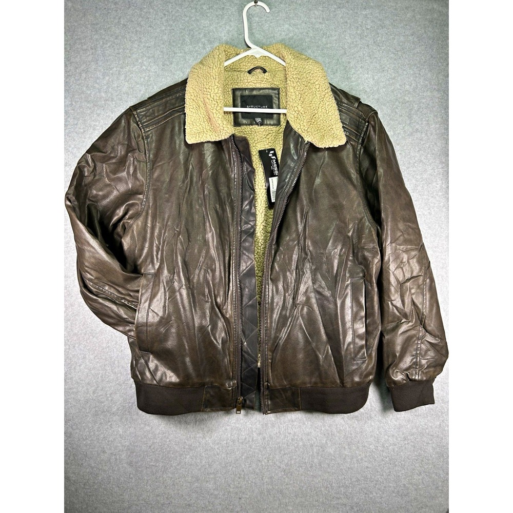 New Structure Men XL Faux Leather Bomber Jacket Sherpa Collar Brwn Flannel Lined